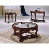 Cherry Finish Round Wood Carved Coffee Table with Glass Top