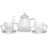 BonJour Glass Teapot 42-Ounce Oblong Ribbed with Glass Infuser, Cup and Saucer Set