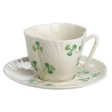 Belleek Harp Shamrock Teacup and Saucer