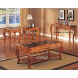 Carved Oak 3 Piece Glass Top Coffee Table Set