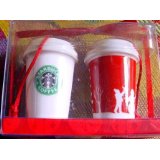 Starbucks Christmas Ornaments - Ceramic Mini Red and White Cups 2006