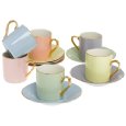 Yedi Houseware Classic Coffee and Tea Solid Espresso Cups and Saucers, Assorted Pastel/Gold, Set of 6